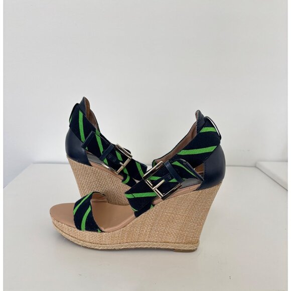Tommy Hilfiger Sandals 10 Wedge Navy Green Striped Espadrille Preppy Nautical - Picture 16 of 16
